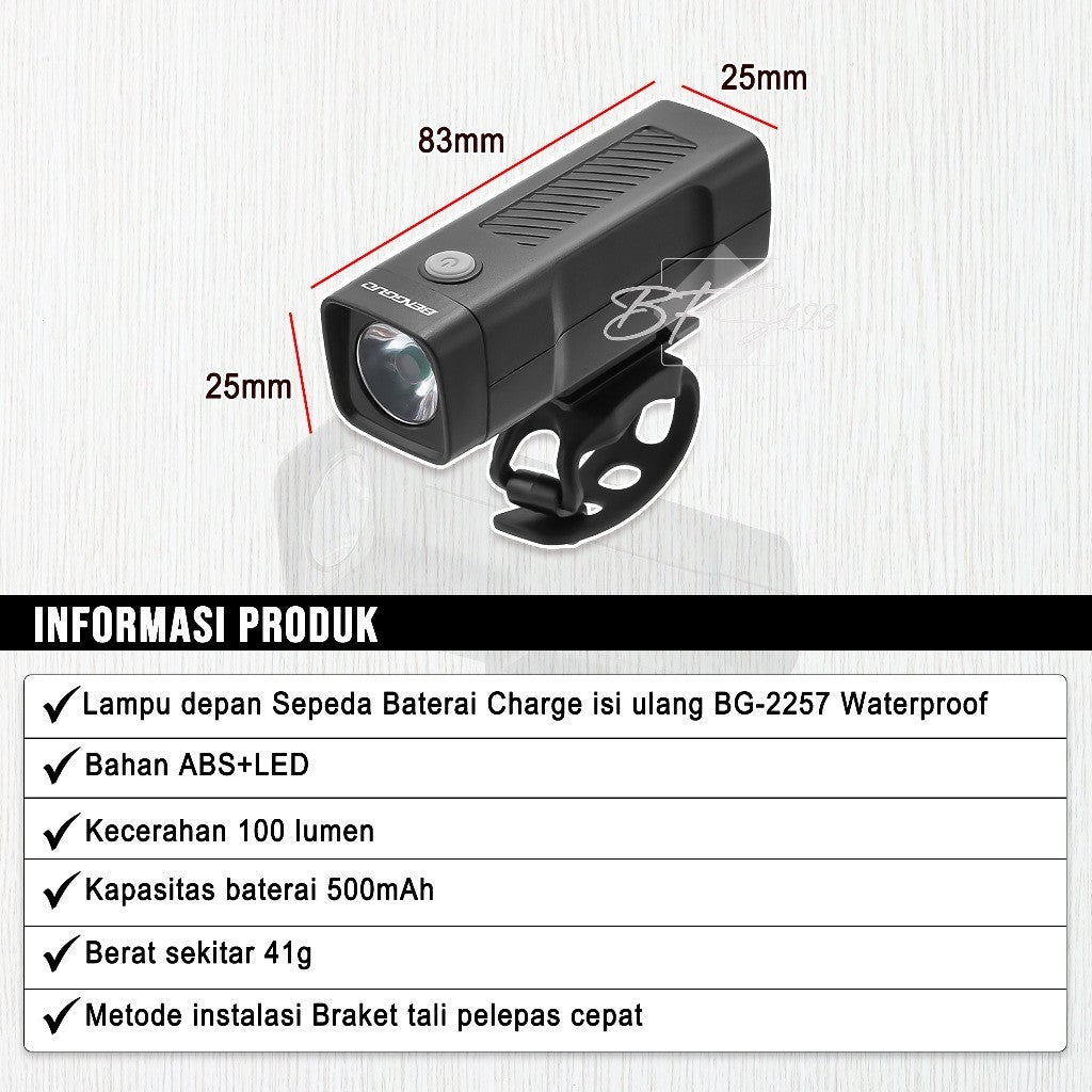 Lampu Depan Sepeda LED BG-2257 Waterproof 100 Lumens Battery Charge Isi Ulang 500 mAh