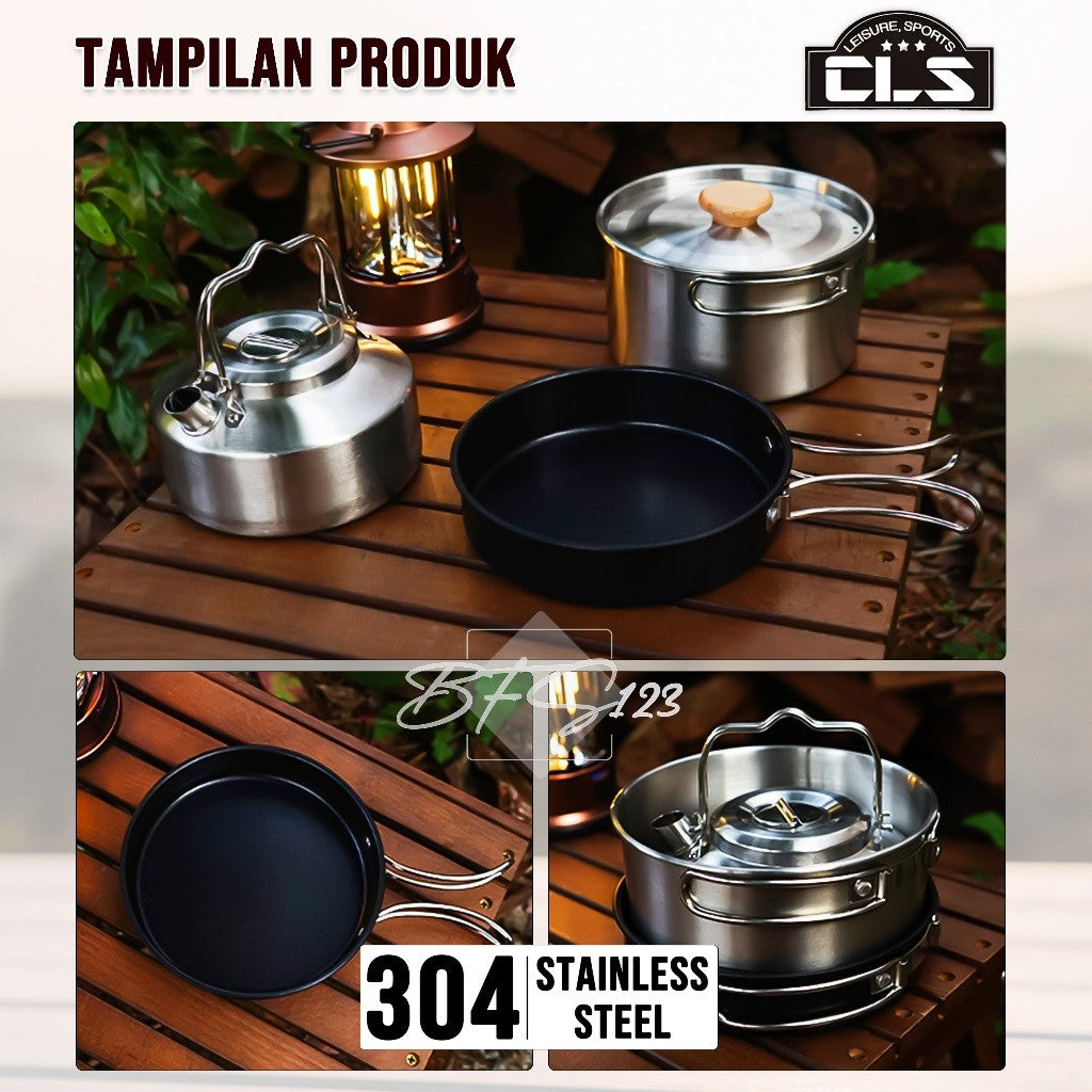 Nesting Cooking Set Teapot Peralatan Masak Camping Hiking Panci 1,6 L Fry Pan 0,8 L Pot 1 L Stainless 304