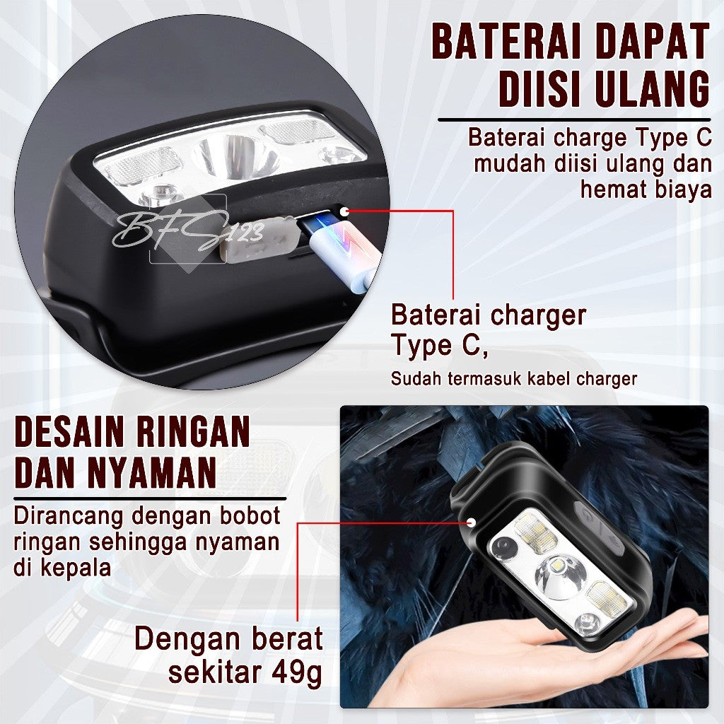 Headlamp Senter Kepala Sensor Gerak 100 Lumens LED USB Type-C Baterai Charge White Light Red Light Auto On Off