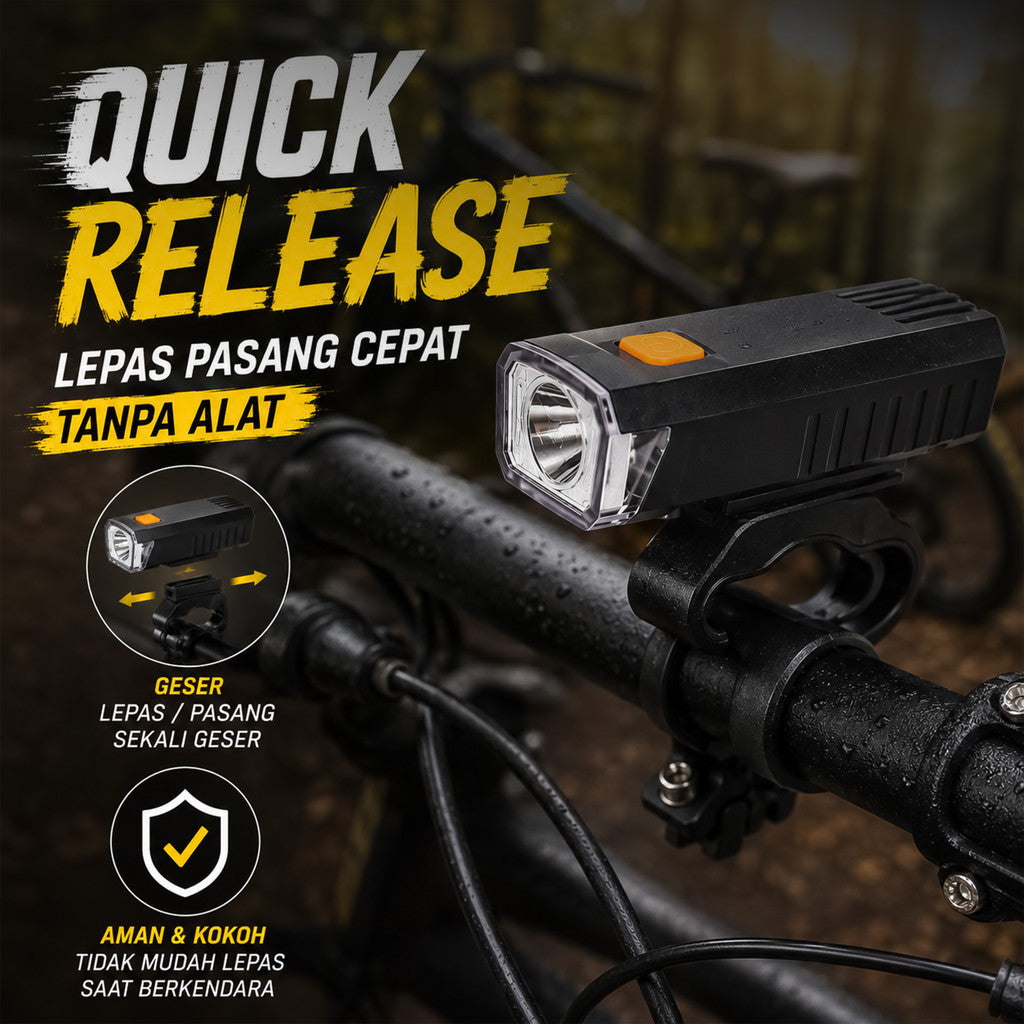Lampu Sepeda Depan LED HY-2266 1800mAh Type-C Rechargeable Waterproof MTB Road Bike Seli Lipat