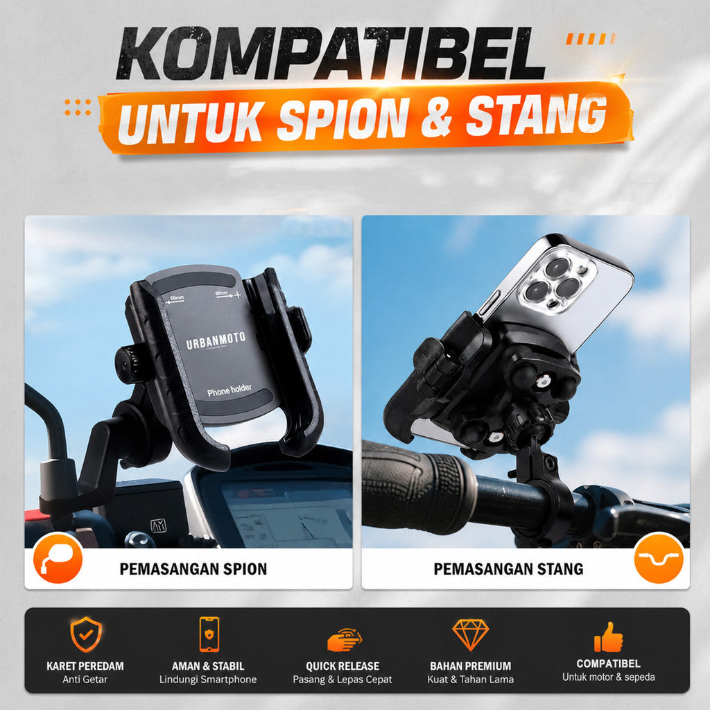 Phone Holder Motor URBANMOTO V5 RD888 Anti Getar Quick Release Rotate Ball Bracket Spion Stang