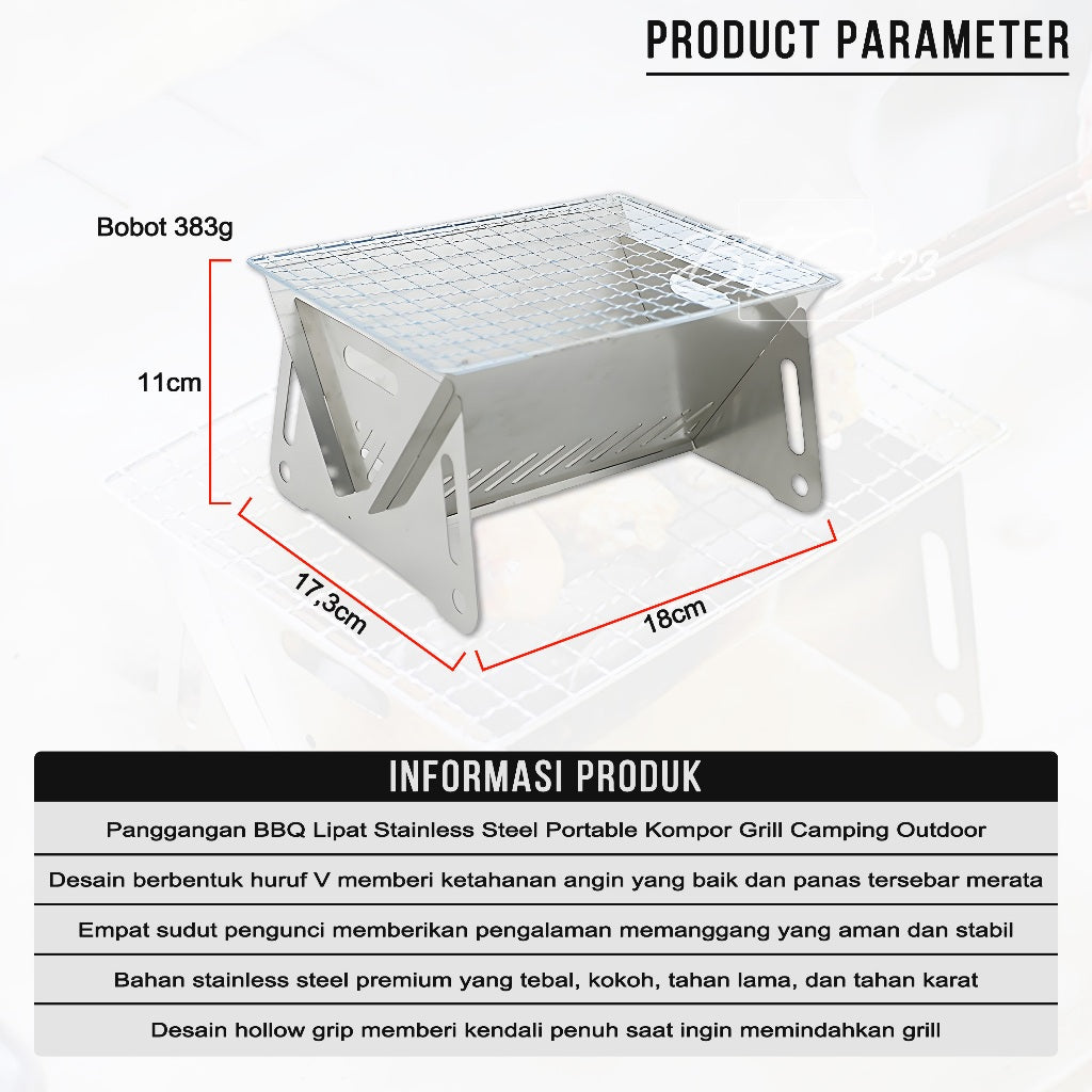 Panggangan BBQ Lipat Stainless Steel Portable Kompor Grill Camping Outdoor