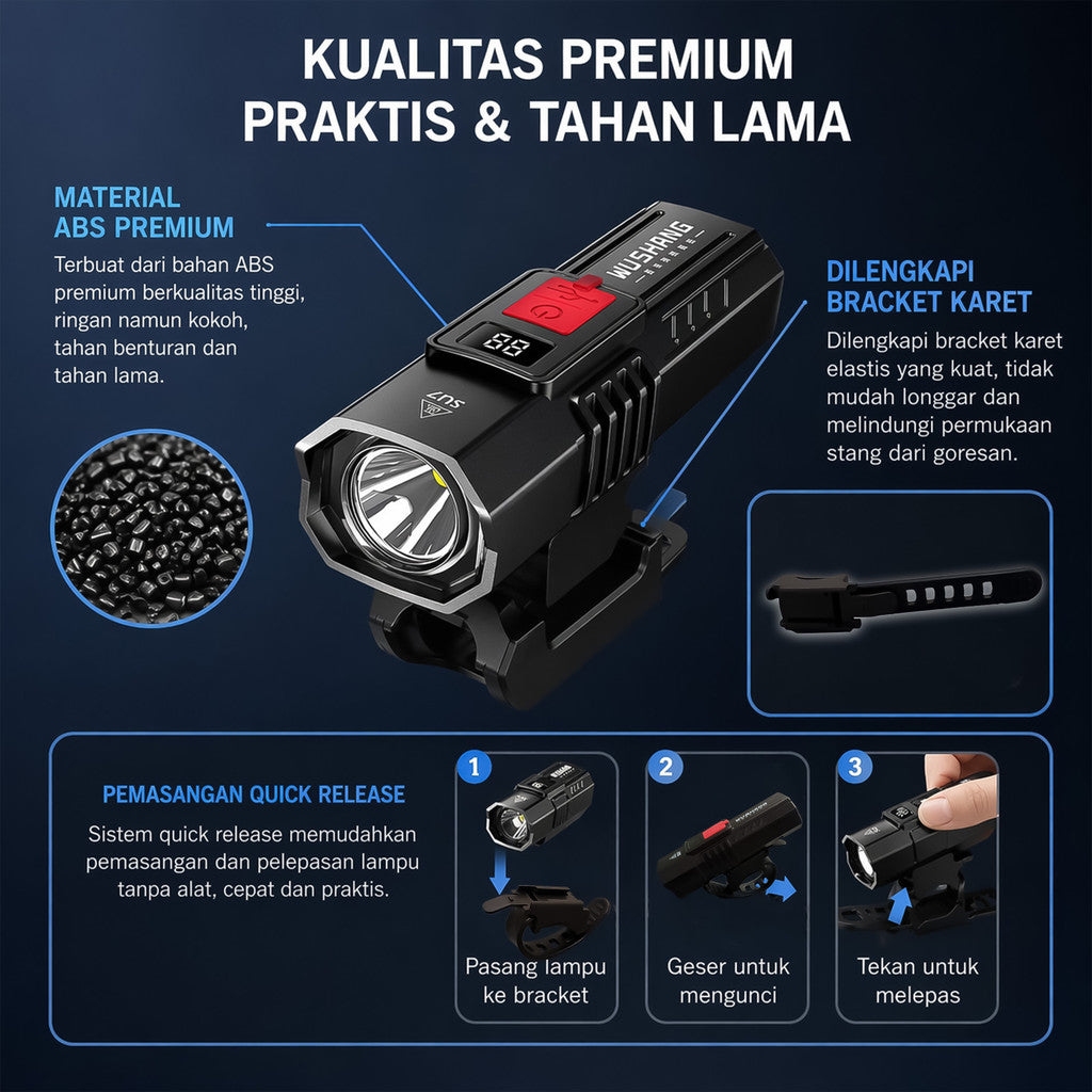 Lampu Depan Sepeda 200 Lumens LED WS-SU7 Wushang IPX4 Waterproof 800 mAh Type-C Lampu Sepeda Outdoor