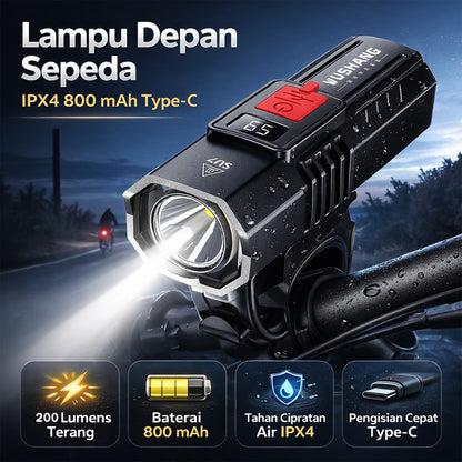 Lampu Depan Sepeda 200 Lumens LED WS-SU7 Wushang IPX4 Waterproof 800 mAh Type-C Lampu Sepeda Outdoor