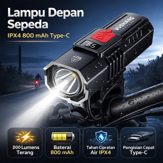 Lampu Depan Sepeda 200 Lumens LED WS-SU7 Wushang IPX4 Waterproof 800 mAh Type-C Lampu Sepeda Outdoor