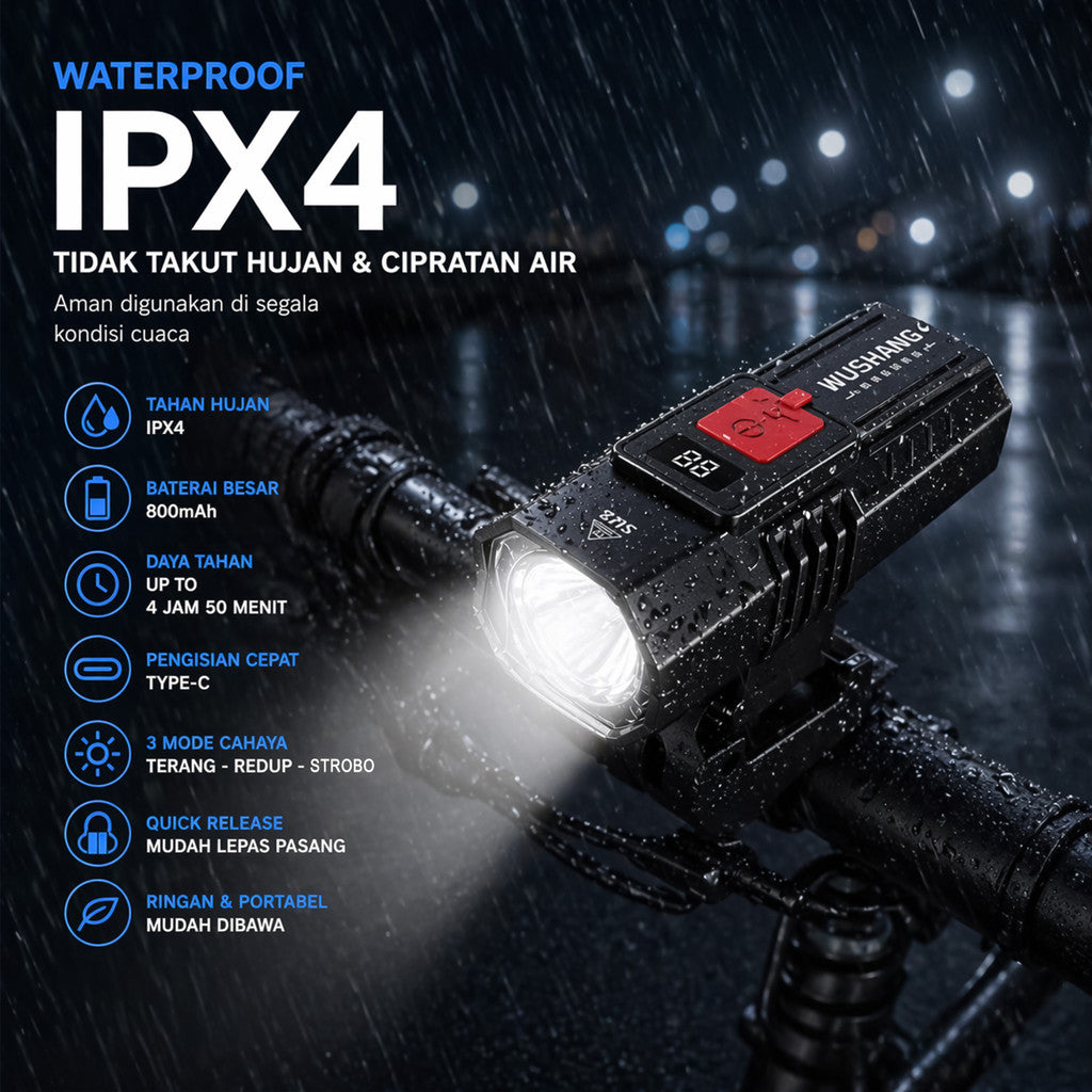 Lampu Depan Sepeda 200 Lumens LED WS-SU7 Wushang IPX4 Waterproof 800 mAh Type-C Lampu Sepeda Outdoor