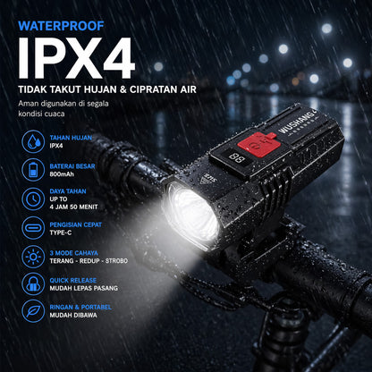 Lampu Depan Sepeda 200 Lumens LED WS-SU7 Wushang IPX4 Waterproof 800 mAh Type-C Lampu Sepeda Outdoor