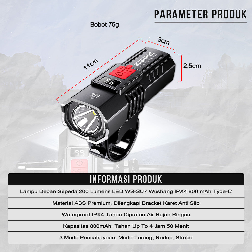 Lampu Depan Sepeda 200 Lumens LED WS-SU7 Wushang IPX4 Waterproof 800 mAh Type-C Lampu Sepeda Outdoor