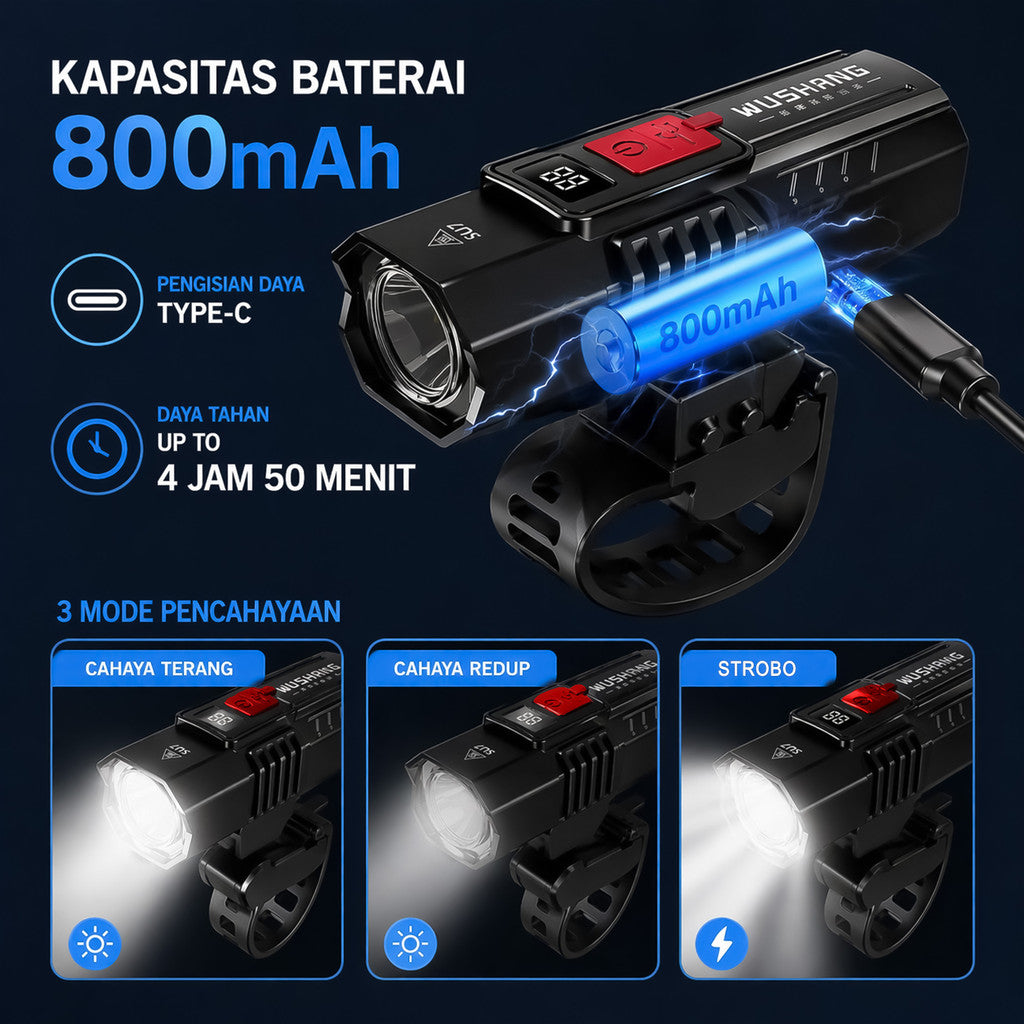 Lampu Depan Sepeda 200 Lumens LED WS-SU7 Wushang IPX4 Waterproof 800 mAh Type-C Lampu Sepeda Outdoor