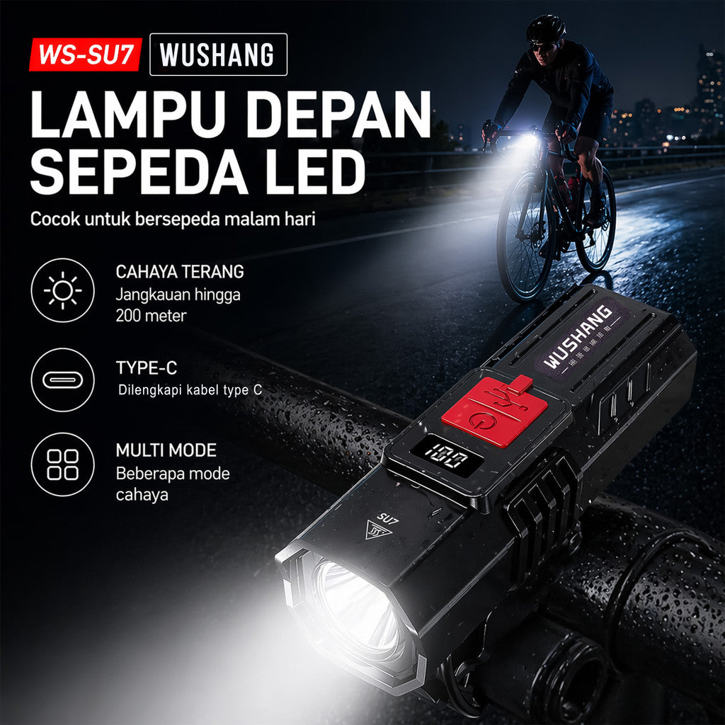 Lampu Depan Sepeda 200 Lumens LED WS-SU7 Wushang IPX4 Waterproof 800 mAh Type-C Lampu Sepeda Outdoor