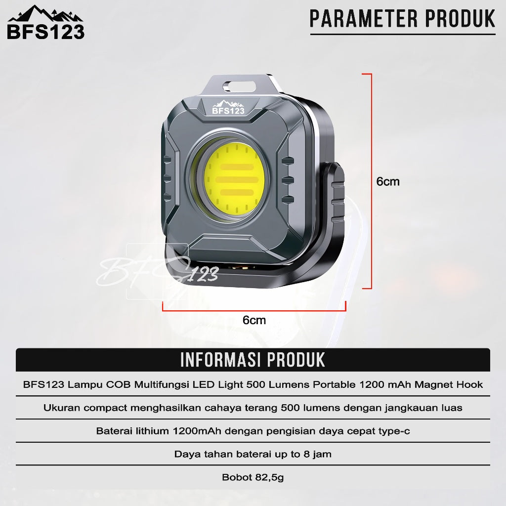 BFS123 Lampu COB Multifungsi LED Light 500 Lumens Portable 1200 mAh Type-C Magnet Hook
