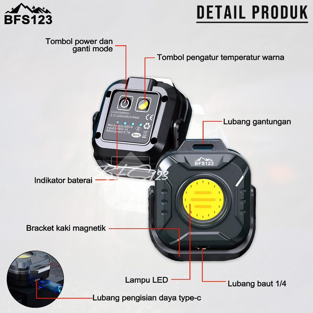 BFS123 Lampu COB Multifungsi LED Light 500 Lumens Portable 1200 mAh Type-C Magnet Hook