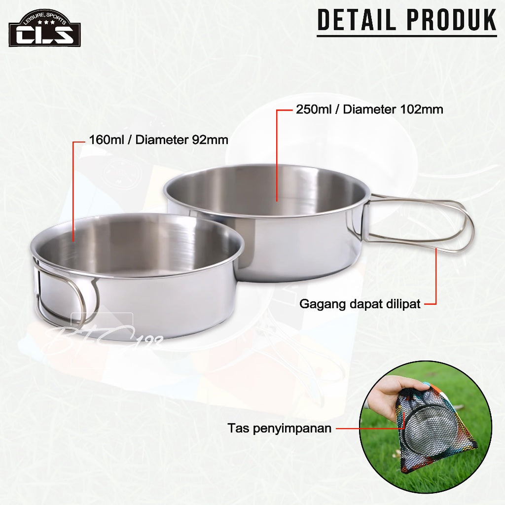 CLS Nesting Cooking Set Stainless SUS304 Handle Lipat 250 ml 160 ml Plus Storage Bag Camping Outdoor