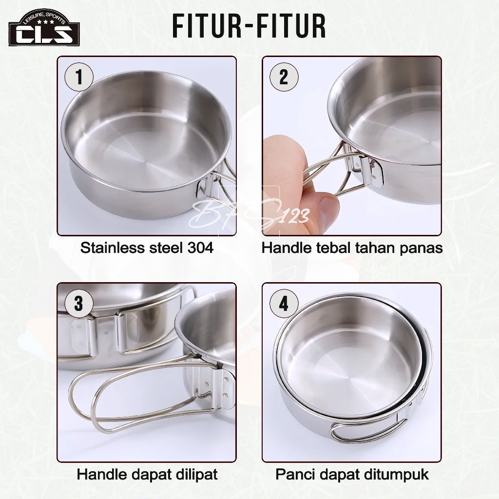 CLS Nesting Cooking Set Stainless SUS304 Handle Lipat 250 ml 160 ml Plus Storage Bag Camping Outdoor