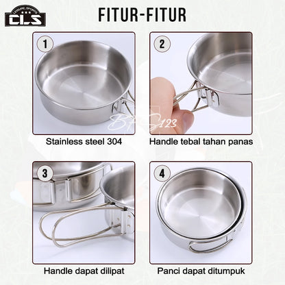 CLS Nesting Cooking Set Stainless SUS304 Handle Lipat 250 ml 160 ml Plus Storage Bag Camping Outdoor