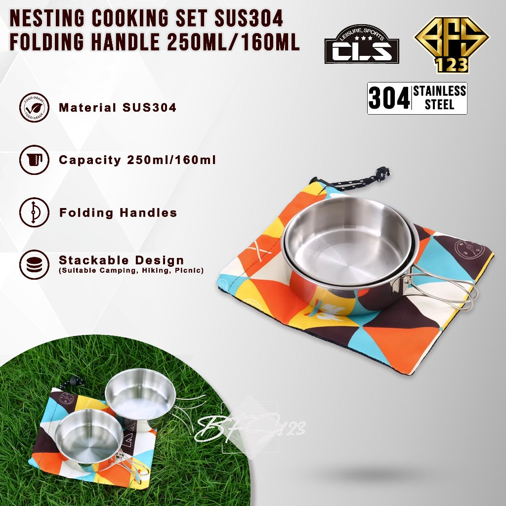 CLS Nesting Cooking Set Stainless SUS304 Handle Lipat 250 ml 160 ml Plus Storage Bag Camping Outdoor