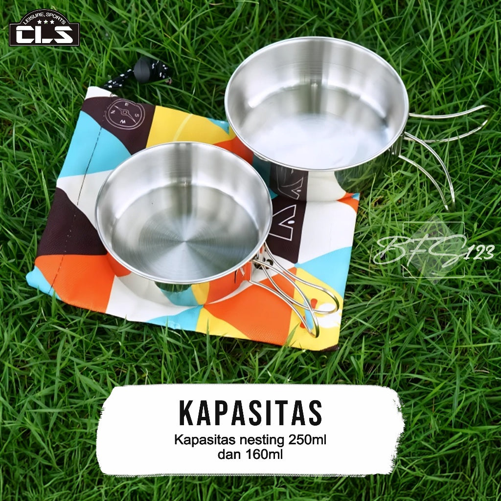 CLS Nesting Cooking Set Stainless SUS304 Handle Lipat 250 ml 160 ml Plus Storage Bag Camping Outdoor