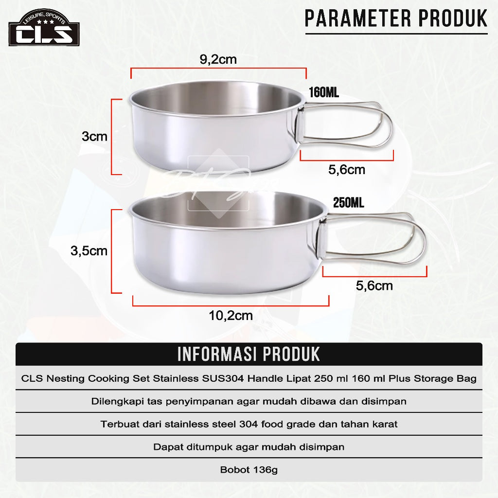 CLS Nesting Cooking Set Stainless SUS304 Handle Lipat 250 ml 160 ml Plus Storage Bag Camping Outdoor