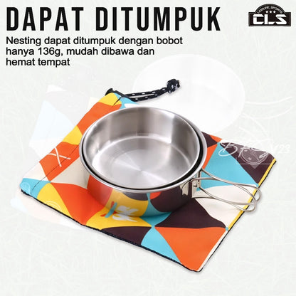 CLS Nesting Cooking Set Stainless SUS304 Handle Lipat 250 ml 160 ml Plus Storage Bag Camping Outdoor