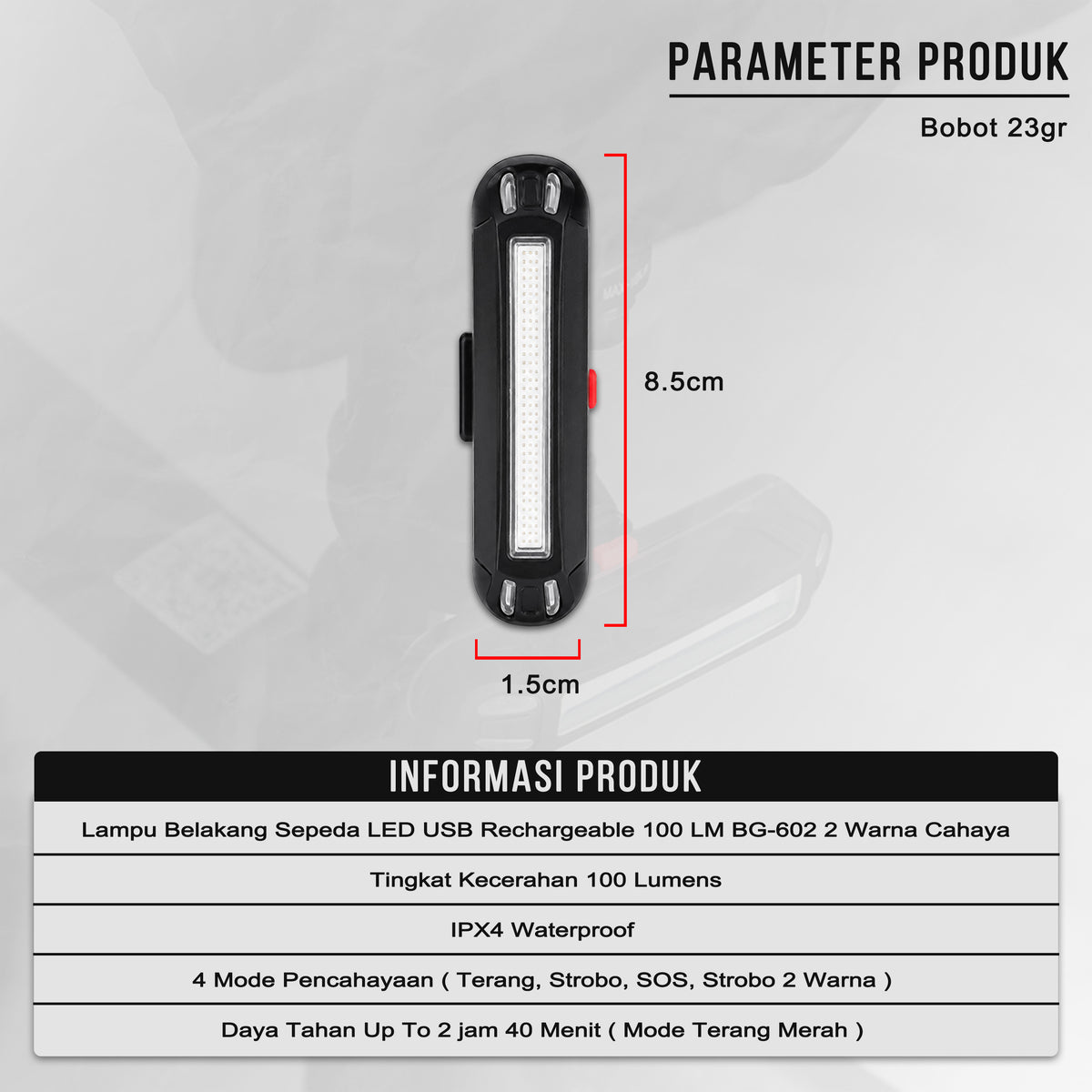 Lampu Belakang Sepeda LED USB Rechargeable 100 Lumens Bengguo BG-602 2 Warna Cahaya Waterproof MTB