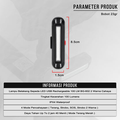 Lampu Belakang Sepeda LED USB Rechargeable 100 Lumens Bengguo BG-602 2 Warna Cahaya Waterproof MTB