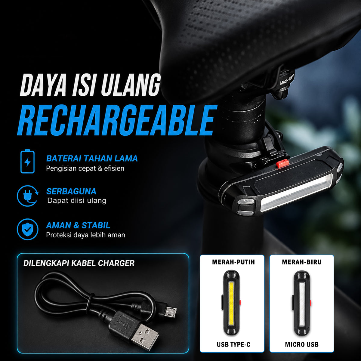 Lampu Belakang Sepeda LED USB Rechargeable 100 Lumens Bengguo BG-602 2 Warna Cahaya Waterproof MTB