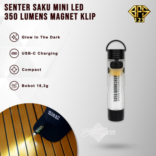 ISE Mount Senter Saku Mini 350 Lumenns LED Flashlight Magnet Klip Type-C Glow In The Dark