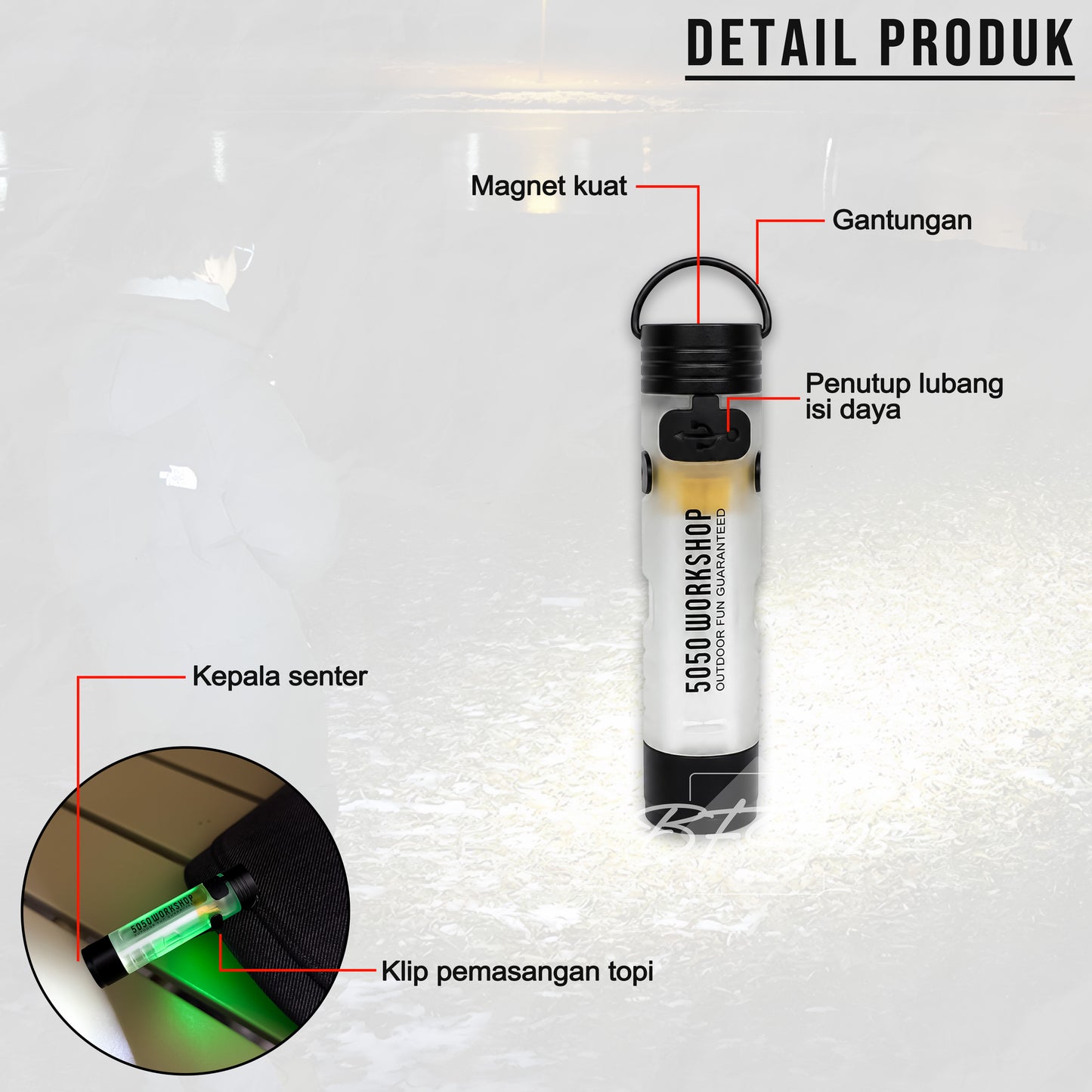 ISE Mount Senter Saku Mini 350 Lumenns LED Flashlight Magnet Klip Type-C Glow In The Dark