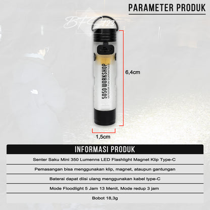 ISE Mount Senter Saku Mini 350 Lumenns LED Flashlight Magnet Klip Type-C Glow In The Dark