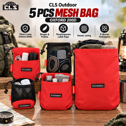 Paket 5 Pcs Mesh Bag Tas Penyimpanan Baju Alat Mandi Travelling Kompor Camping Oxford 200D
