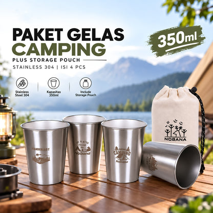 Paket Gelas Camping Plus Storage Pouch Stainless 304 isi 4 Pcs 350 Ml