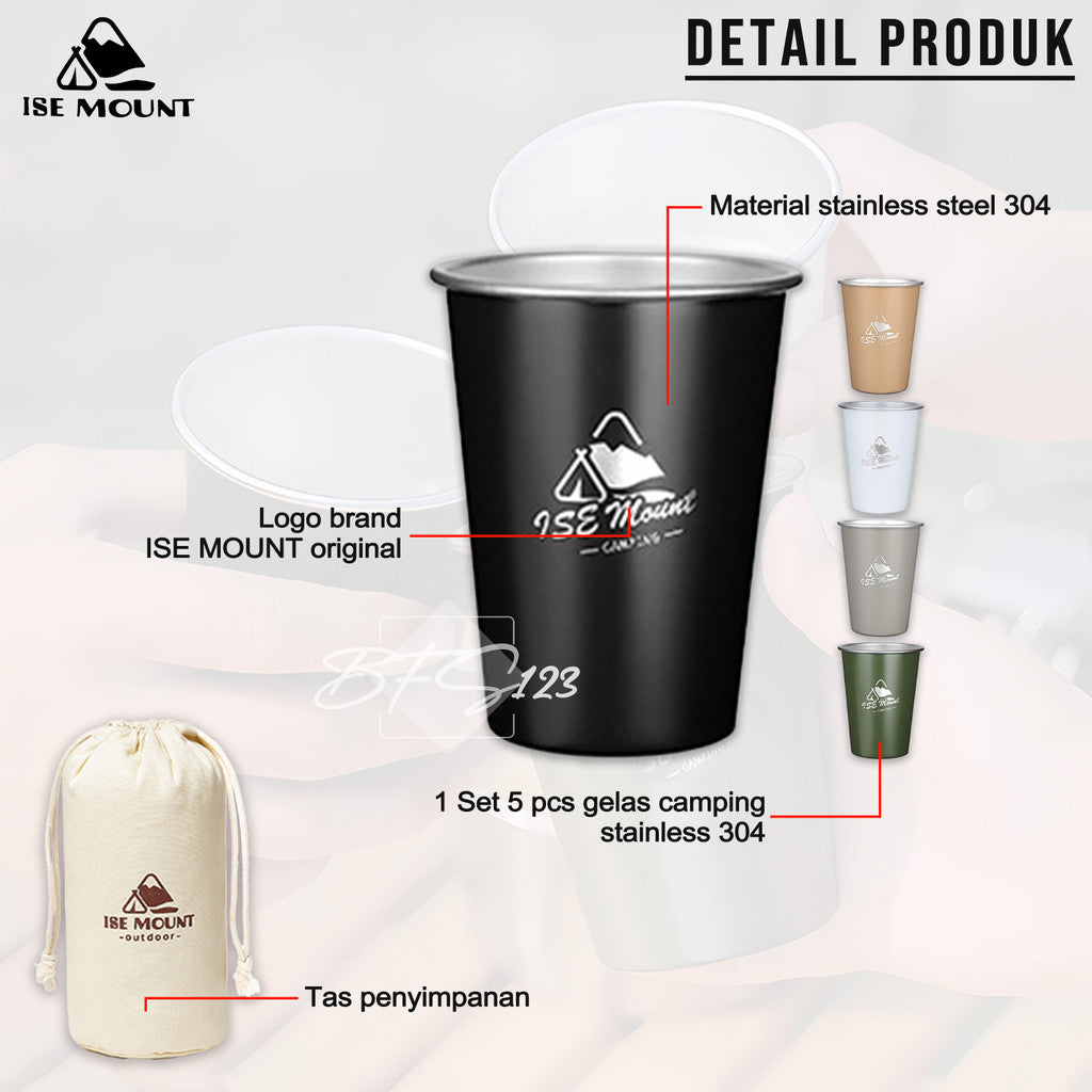 ISE Mount Set 5 Pcs Gelas Camping  Stainless 350ml Plus Storage Camping Outdoor Stainless 304