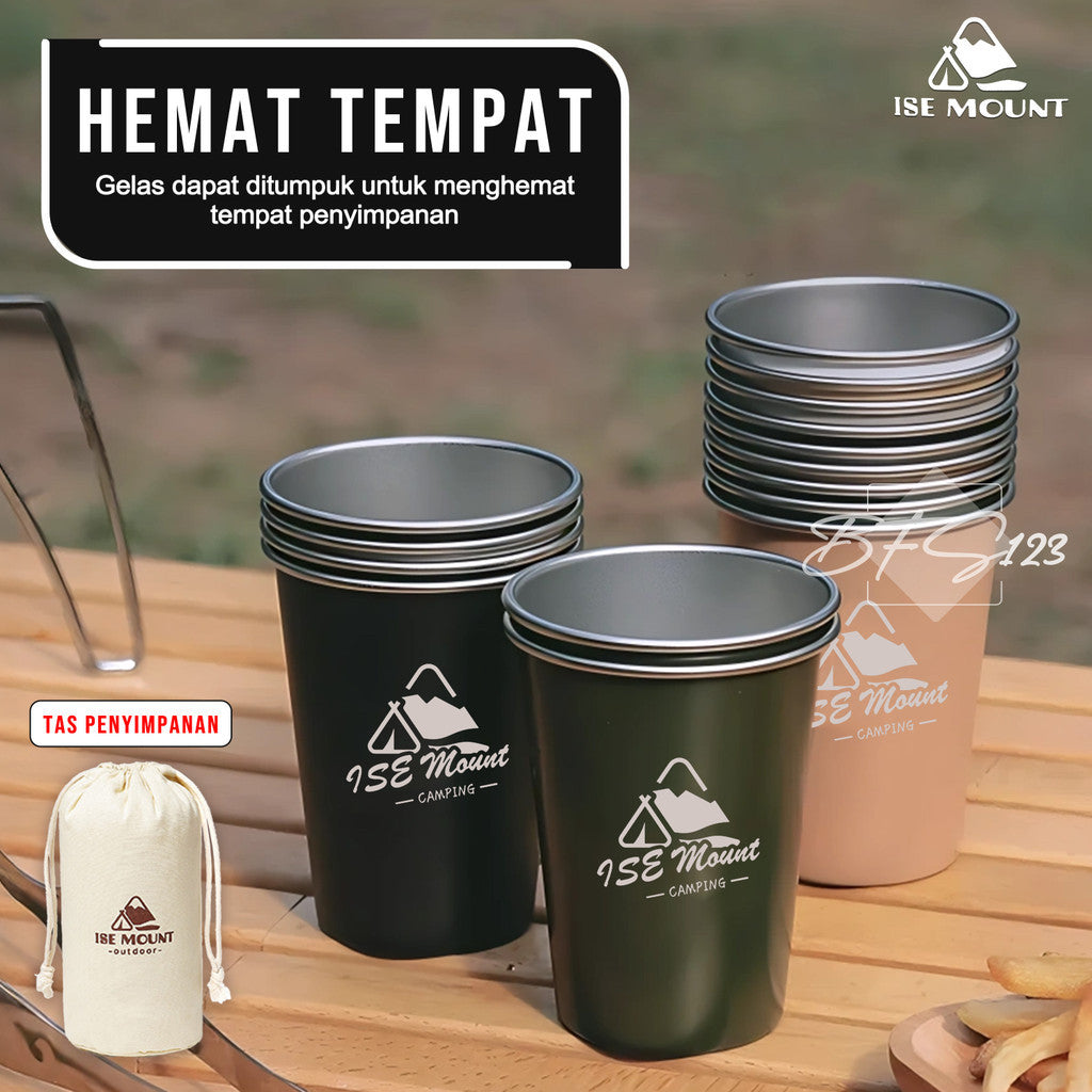 ISE Mount Set 5 Pcs Gelas Camping  Stainless 350ml Plus Storage Camping Outdoor Stainless 304