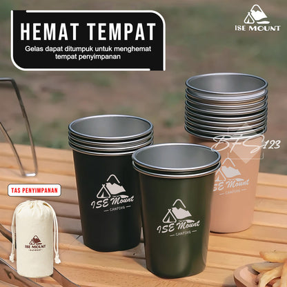 ISE Mount Set 5 Pcs Gelas Camping  Stainless 350ml Plus Storage Camping Outdoor Stainless 304