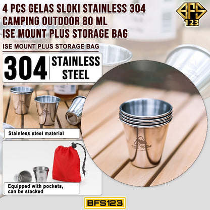 4 Pcs Gelas Sloki Stainless 304 Camping Outdoor 80 ml ISE Mount Plus Storage Bag