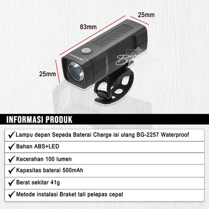 Lampu Depan Sepeda LED BG-2257 Waterproof 100 Lumens Battery Charge Isi Ulang 500 mAh