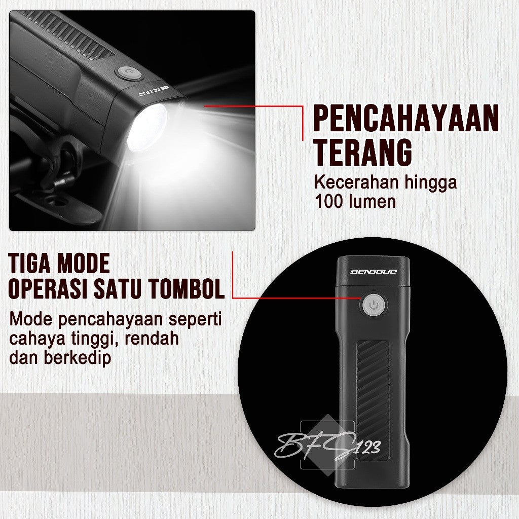 Lampu Depan Sepeda LED BG-2257 Waterproof 100 Lumens Battery Charge Isi Ulang 500 mAh