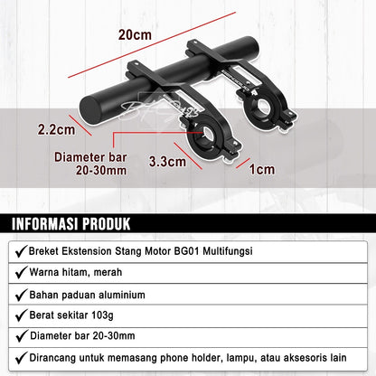 Breket Ekstension Handlebar Stang Motor BG01 Multifungsi Bracket Ekstension Holder HP Motor Peninggi Holder Aluminium Aloy