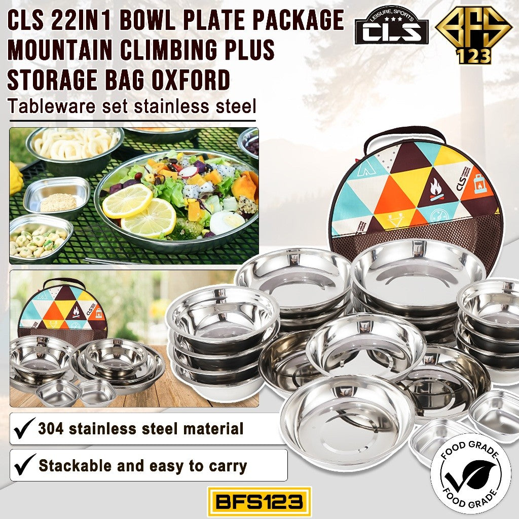 Paket Piring Mangkok Tableware Set 22 in 1 Cookware Set Camping SUS 304 Plus Storage Bag Merk CLS