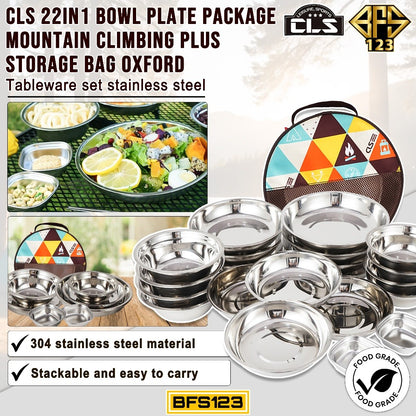 Paket Piring Mangkok Tableware Set 22 in 1 Cookware Set Camping SUS 304 Plus Storage Bag Merk CLS