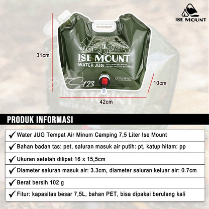 Water BAG Kantong Air Minum Lipat Tempat Air Minum Camping Hiking 7,5 Liter Ise Mount