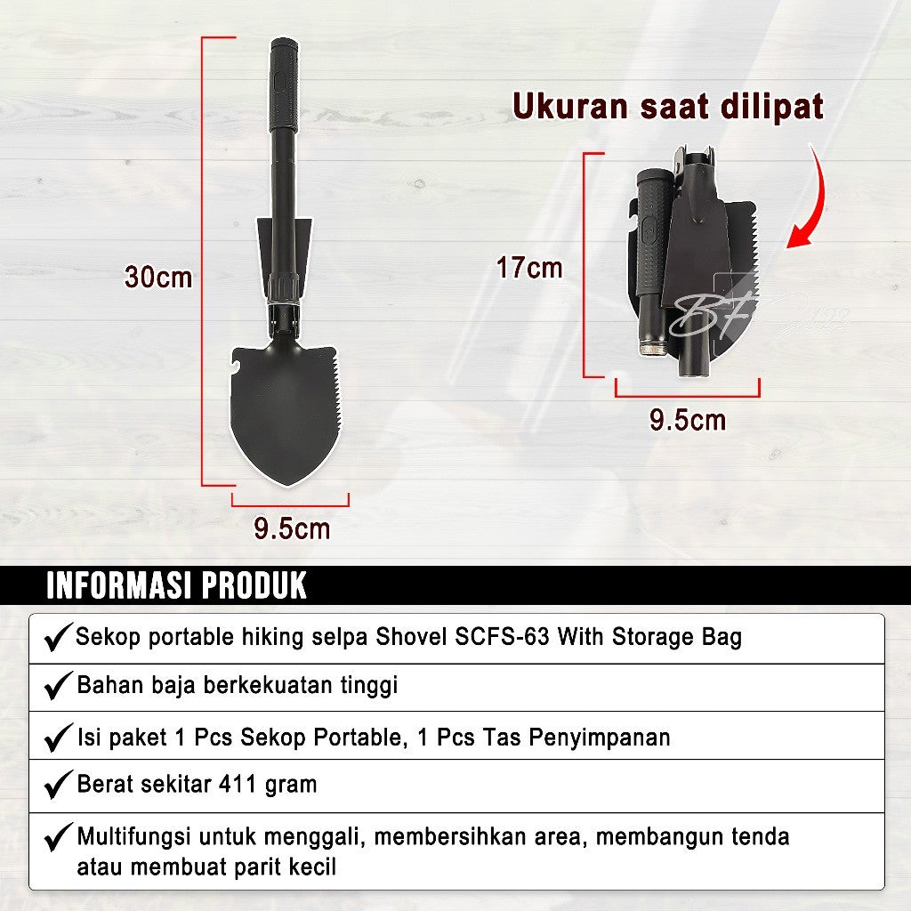 Sekop Cangkul Pacul Lipat Portable Camping Hiking Shovel SCFS-63 With Storage Bag Selpa