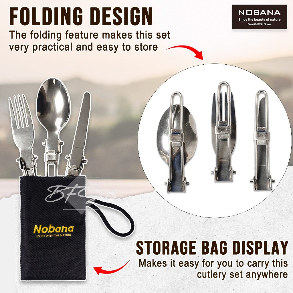 Sendok Garpu Pisau Lipat Stainless Steel Plus Oxford Cloth Storage BAG Nobana
