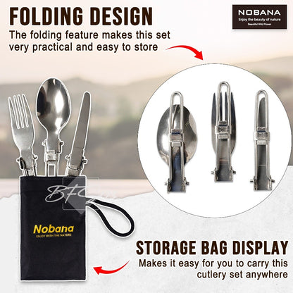 Sendok Garpu Pisau Lipat Stainless Steel Plus Oxford Cloth Storage BAG Nobana