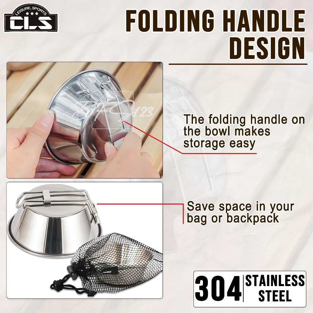 Mangkok Stainless 304 Gagang Lipat Kapasitas 300 ml Camping Outdoor Plus Storage BAG