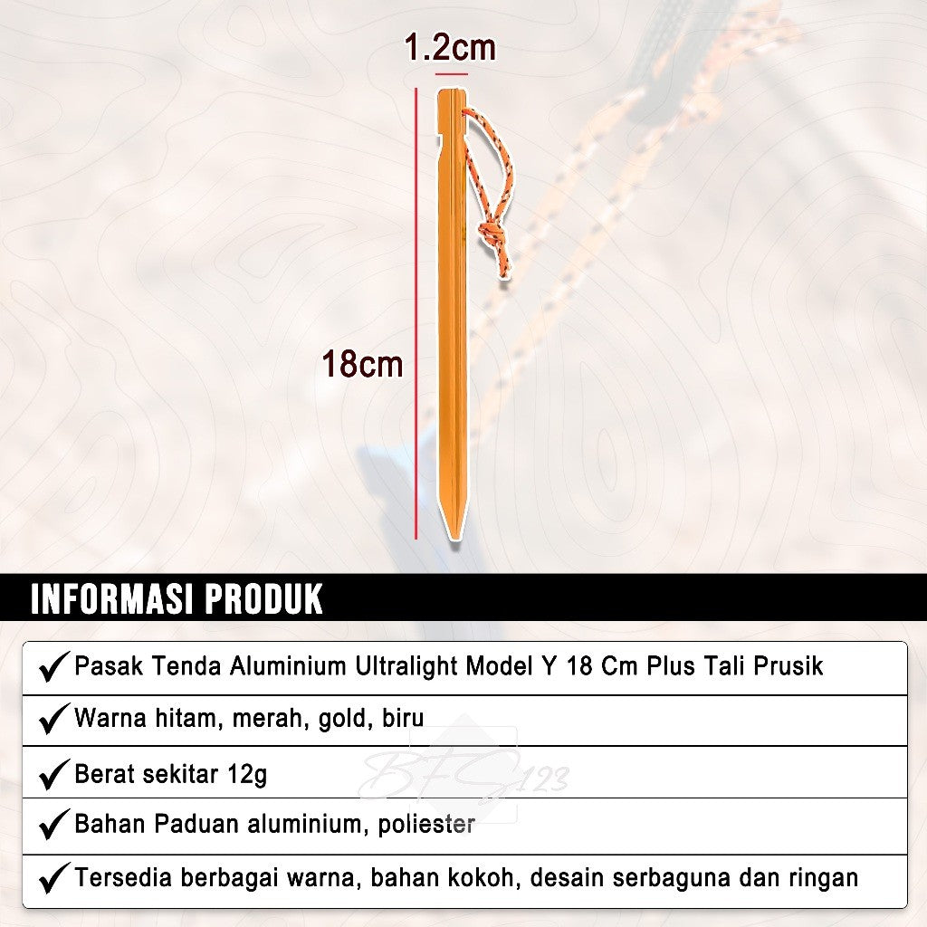 Pasak Tenda Aluminium Ultralight Model Y 18 Cm Plus Tali Prusik Camping Hiking Outdoor