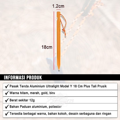 Pasak Tenda Aluminium Ultralight Model Y 18 Cm Plus Tali Prusik Camping Hiking Outdoor