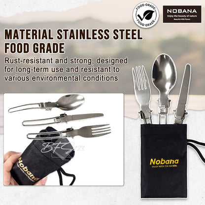 Sendok Garpu Pisau Lipat Stainless Steel Plus Oxford Cloth Storage BAG Nobana