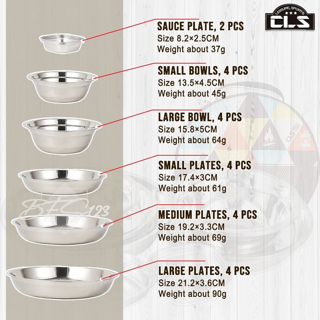 Paket Piring Mangkok Tableware Set 22 in 1 Cookware Set Camping SUS 304 Plus Storage Bag Merk CLS