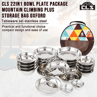 Paket Piring Mangkok Tableware Set 22 in 1 Cookware Set Camping SUS 304 Plus Storage Bag Merk CLS